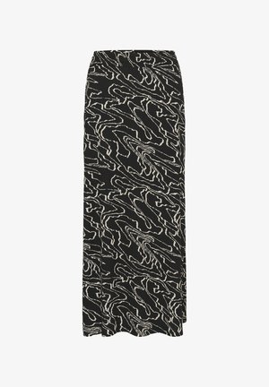 Zwarte midi-rok met beige abstracte golvende lijnpatronen en een rechte zoom, ontworpen met een getailleerde taille en een zijsplit.