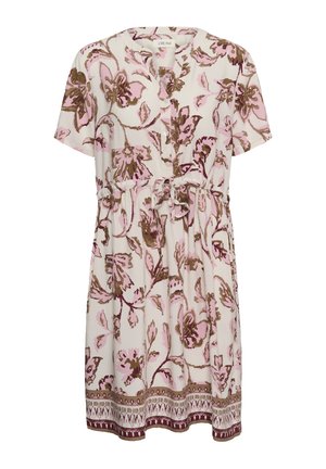 Kurzärmeliges, knielanges cremefarbenes Kleid mit rosa-braunem Blumenmuster, Knopfleiste vorne, Taillengürtel und dekorativem Saumrand.