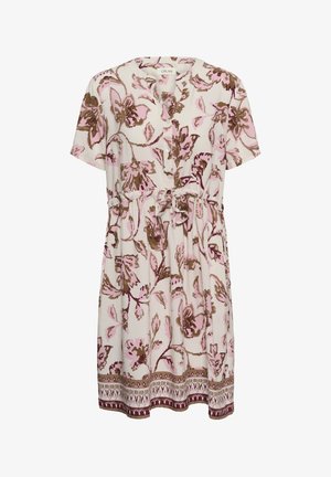 Kurzärmeliges, knielanges cremefarbenes Kleid mit rosa-braunem Blumenmuster, Knopfleiste vorne, Taillengürtel und dekorativem Saumrand.