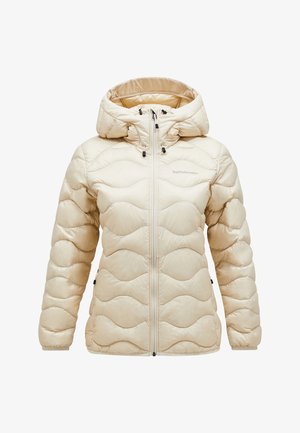 Beige puffer jacket with a hood, featuring a quilted wave pattern, front zip closure, and adjustable elements. Soft, shiny fabric texture.