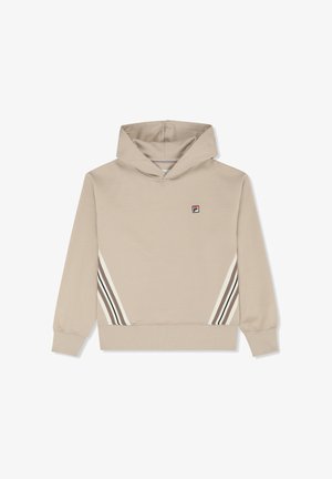 Beżowa bluza z kapturem z prążkowanymi mankietami, małym logo na piersi oraz ukośnymi paskami w kolorach białym, brązowym i czarnym po bokach.