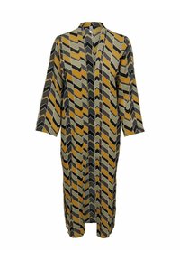 Long kimono-style robe featuring a chevron pattern in yellow, black, and gray. Made of lightweight fabric, with long sleeves and an open front.