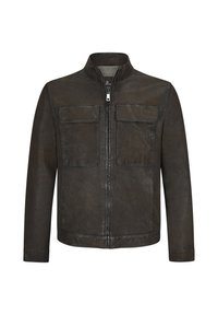 Dunkelbraune Lederjacke mit Reißverschluss, Stehkragen und zwei vorderen Taschen. Glatte Textur, minimale Nähdetails.