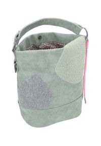 Groene suède emmer tas met twee textuurpatronen, één grijs en één lichtgroen, roze trekkoord en een gestreepte voering aan de binnenkant.