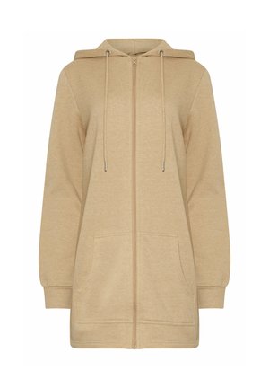 Felpa beige con zip, maniche lunghe, cordini, tasche frontali e polsini a coste, mostrata su sfondo bianco.