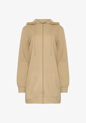 Felpa beige con zip, maniche lunghe, cordini, tasche frontali e polsini a coste, mostrata su sfondo bianco.