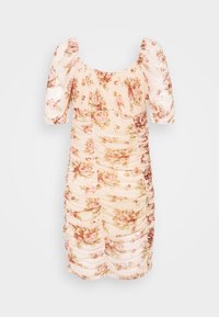 Robe florale crème froncée avec manches bouffantes et encolure carrée, ornée d'un motif de roses roses et vertes sur toute la surface.