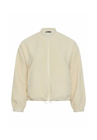 Kremowa polarowa kurtka z okrągłym dekoltem, zamkiem błyskawicznym z przodu oraz regulowanym sznurkiem w dolnej części. Posiada długie rękawy i puszystą teksturę.