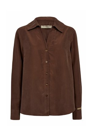 Rjava bluzica z dolgimi rokavi iz mehkega materiala, z ovratnikom, gumbnim zapiranjem in zlatimi gumbi, s subtilnim sijajem in prilegajočim krojem.