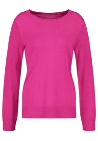 Jasnoróżowy sweter z długim rękawem, okrągłym dekoltem oraz ści�ągaczami przy mankietach i u dołu, wyeksponowany na białym tle.