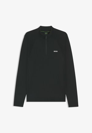 Zwart langslijvend top met een hoge kraag en korte rits. Heeft textuur aan de zijkanten, een getailleerd ontwerp en een klein wit "BOSS" logo op de borst.