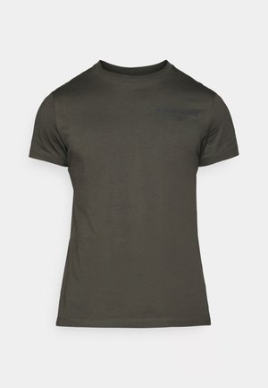 Dark olive green t-shirt, short sleeves, round neck, made of soft cotton with a subtle logo printed on the front. Smooth texture, casual fit.