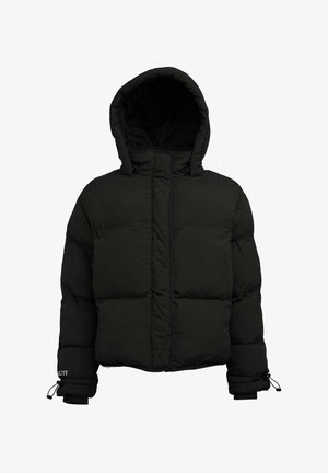 Giacca a vento nera con cappuccio. Presenta un design trapuntato, polsini elasticizzati con lacci e una zip frontale. Realizzata in materiale sintetico.