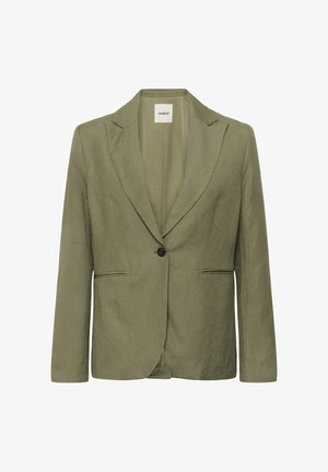 Oliivinvihreä yksirivinen bleiseri, jossa on lovelaput, kaksi etutaskua ja kauluksen sisäpuolella "soaked"-merkki.