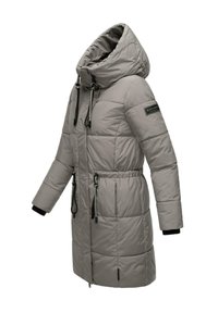 Pehmea hall parka suure kapuutsiga, kinnitatud talje, küljetaskud, reguleeritavad nöörid ning mustad aktsendid mansettidel ja viimisel.