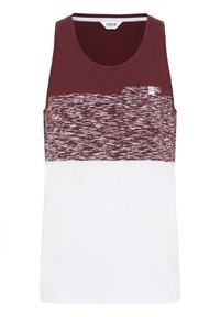 Ärmelloses Tanktop in Bordeauxrot und Weiß. Verfügt über ein strukturiertes bordeauxfarbenes Brustpanel mit einer kleinen Tasche und einem weißen unteren Abschnitt.