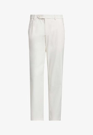 Hvide skræddersyede bukser med forreste knap- og lynlås-lukning, sidelommer og lige ben.