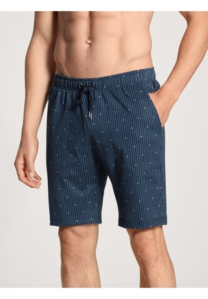Marineblauwe shorts met verticale strepen en kleine witte stippen, voorzien van een elastische tailleband en zijzakken voor extra gemak.