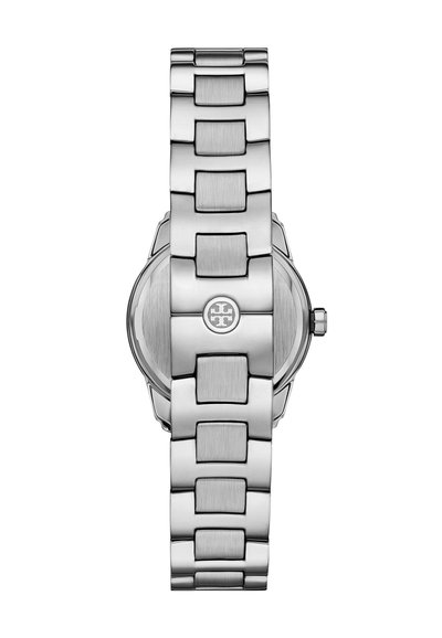 Armbandsur i rostfritt stål med en slät, borstad yta. Runt hölje, länkarmbandsdesign och en logotyp på baksidan. Färg: silver.