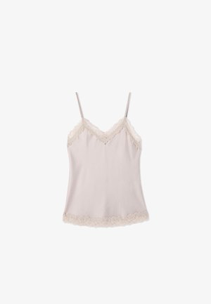 Camisole rose clair avec bretelles réglables, bordure en dentelle le long de l'encolure et de l'ourlet, en tissu doux pour le confort et une tenue décontractée.