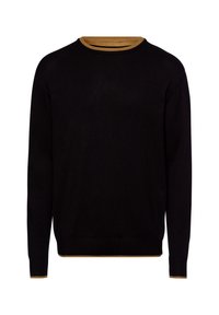 Czarny sweter z dzianiny z okrągłym dekoltem i kontrastowymi, camelowymi ściągaczami. Ma długie rękawy i dopasowany dół.