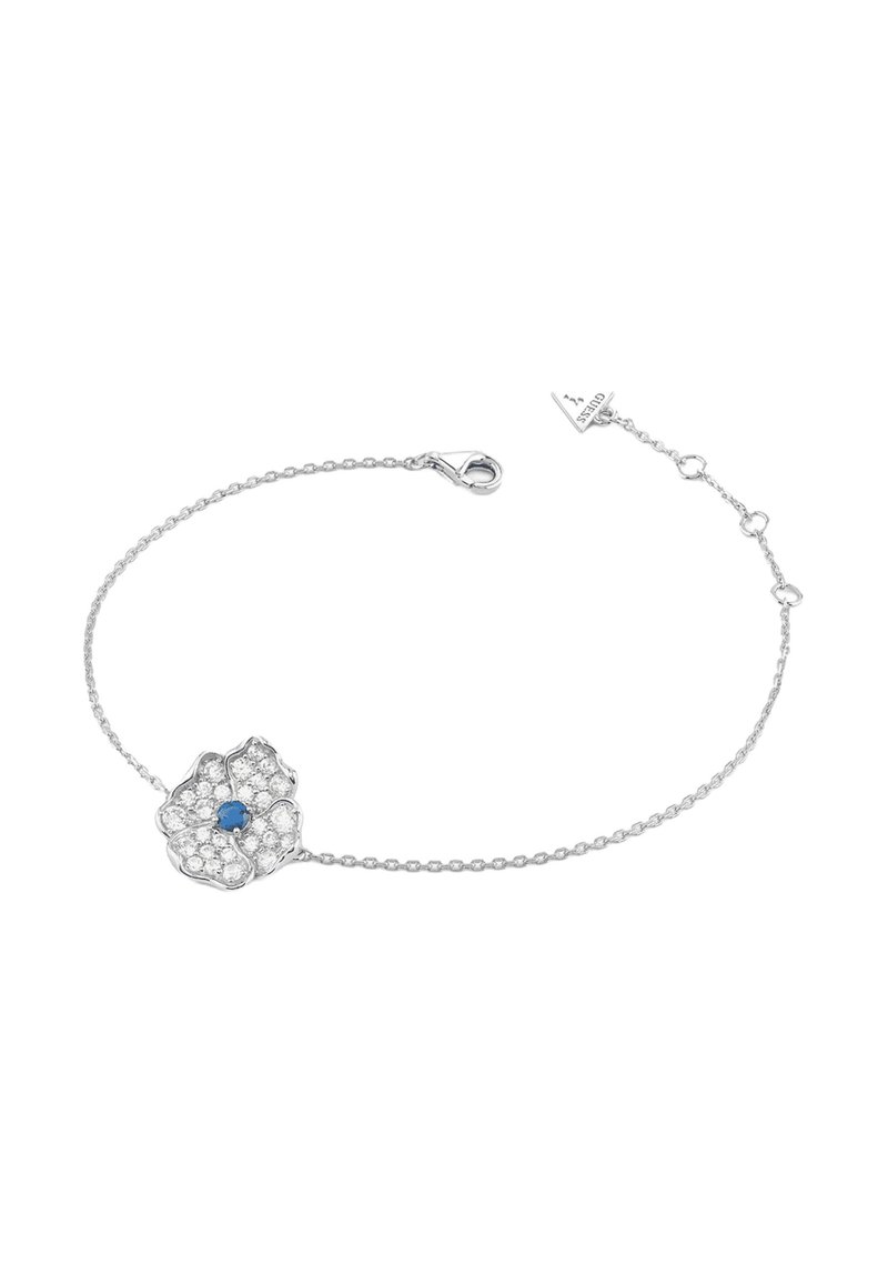 Srebrna bransoletka z motywem kwiatowym, ozdobiona niebieskim kamieniem i przezroczystymi kryształkami, na delikatnym łańcuszku z zapięciem typu karabińczyk.