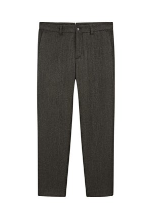 Dark gray tailored trousers made from textured fabric. Featuring a button closure, belt loops, and side pockets. Straight leg design.