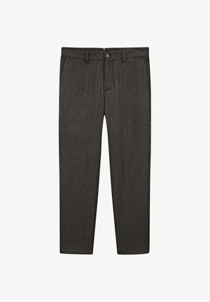 Dark gray tailored trousers made from textured fabric. Featuring a button closure, belt loops, and side pockets. Straight leg design.