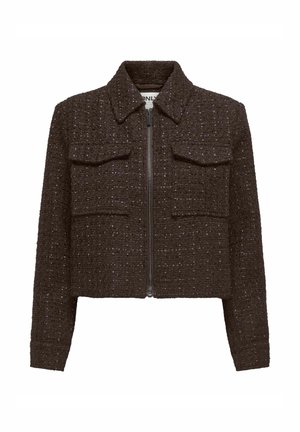 Pruun tweedist lühike jakk tekstuurse mustriga, kahe esitasku, luku ja kraega. Kangas on peene läikega.