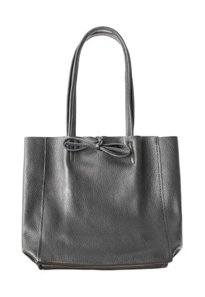 Black leather handbag tote with double shoulder straps and a tied leather bow detail on the front.