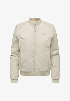 Hellbeige Bomberjacke mit geripptem Kragen und Bündchen. Verfügt über einen Reißverschluss und horizontale strukturierte Einsätze auf den Schultern. Einfaches Design.