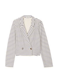 Blazer a righe nei colori blu navy e bianco, con un design doppiopetto, colletto a rever e due bottoni circolari sul davanti.