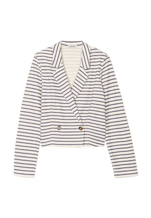 Blazer a rayas en colores azul marino y blanco, con un diseño de doble botonadura, cuello de muesca y dos botones circulares en la parte frontal.