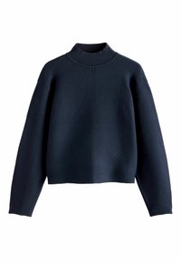 Marineblauer, kurzer Pullover aus weichem Strickstoff mit hohem Kragen, weiten Ärmeln und einer flachen Naht entlang der Vorder- und Rückseite.