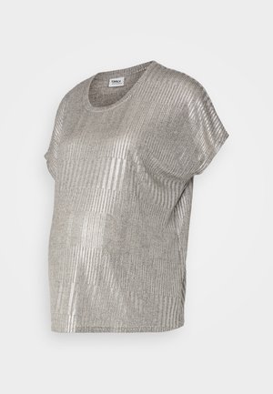 Hõbedane metallik T-särk, lühikesed varrukad, tekstureeritud püstiste ridadega, ümmargune kaelus, mugav lõige, kerge materjal, minimalistlik disain.