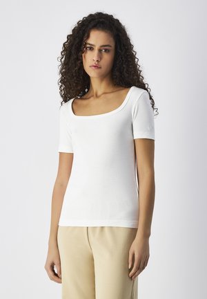Weißes Kurzarmoberteil mit quadratischem Ausschnitt, aus einem glatten, dehnbaren Stoff gefertigt. Figurbetontes Design mit einer klaren, minimalistischen Ästhetik.