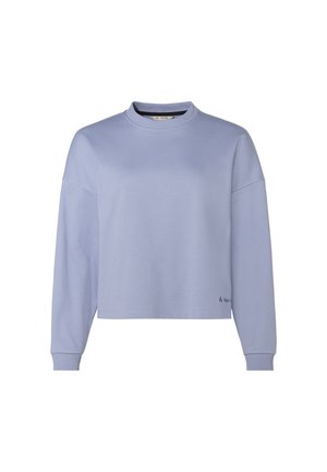 Felpa cropped azzurra chiara realizzata in morbido tessuto. Presenta un collo rotondo e maniche lunghe e larghe con polsini a coste. Logo discreto sull'orlo.