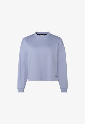 Helles Blau, verkürzter Pullover aus weichem Material. Mit rundem Halsausschnitt und langen, weiten Ärmeln mit gerippten Bündchen. Dezente Markenkennzeichnung am Saum.