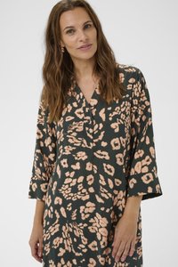 Drape dress in dark green fabric featuring a peach leopard pattern, V-neckline, and three-quarter sleeves with a relaxed fit.