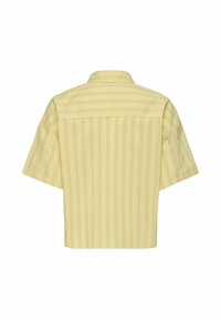 Chemise jaune clair à manches courtes avec fines rayures verticales et horizontales, ourlet droit et col classique, vue de dos.