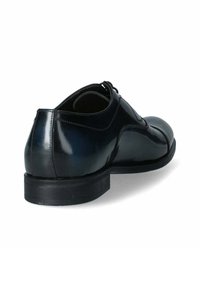 Scarpe eleganti in pelle nera, finitura liscia, forma arrotondata, tacco basso, cuciture tonali, design con lacci, suola solida con leggera textura.