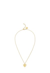 Collana in tono oro con pendente a forma di cuore caratterizzato da dettagliate incisioni floreali; catena delicata e lunghezza regolabile con chiusura a gancio.