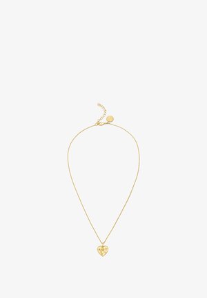 Gold-tone necklace with a heart pendant featuring detailed floral engravings; delicate chain and adjustable length with clasp closure.