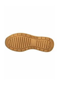 Semelle en caoutchouc beige avec des rainures de traction horizontales et verticales ; présente le marquage de la marque 'High Soft' près du centre. Texture lisse dans l'ensemble.