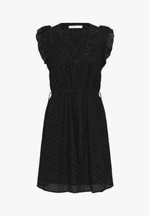 Fekete, térdihosszúságú ruha texturált anyagból, csipke részletekkel, puffos ujjakkal és megkötős derékrésszel. V-kivágás és bővülő sziluett.