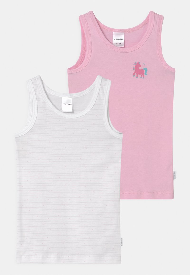 Deux débardeurs : l'un blanc avec des rayures rose clair, l'autre rose uni avec un graphisme de licorne. Les deux ont un décolleté arrondi et sont sans manches.