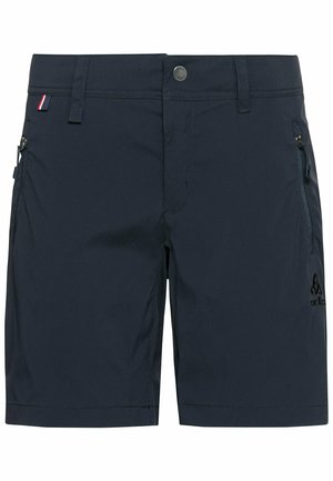 Short bleu marine pour homme avec passants de ceinture, bouton à l'avant, deux poches latérales zippées et un petit logo sur la partie inférieure de la jambe droite.