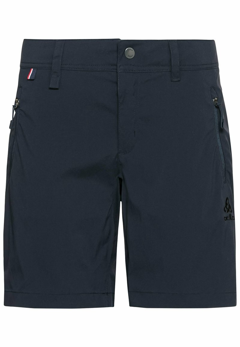 Short bleu marine pour homme avec passants de ceinture, bouton à l'avant, deux poches latérales zippées et un petit logo sur la partie inférieure de la jambe droite.