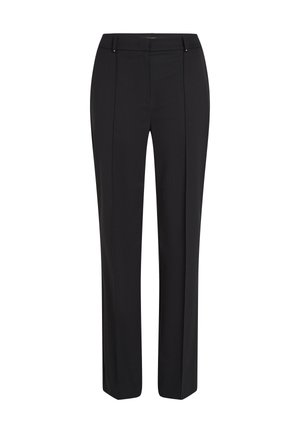 Pantalon noir sur mesure en tissu lisse. Il présente une jambe droite, deux poches avant et des accents dorés subtils à la taille.