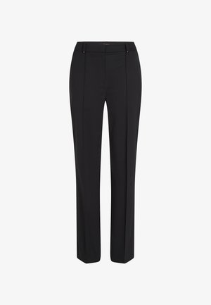Črne hlače po meri iz gladkega blaga. Imajo ravne hlačnice, dva sprednja žepa in subtilne zlato obarvane poudarke na pasu.
